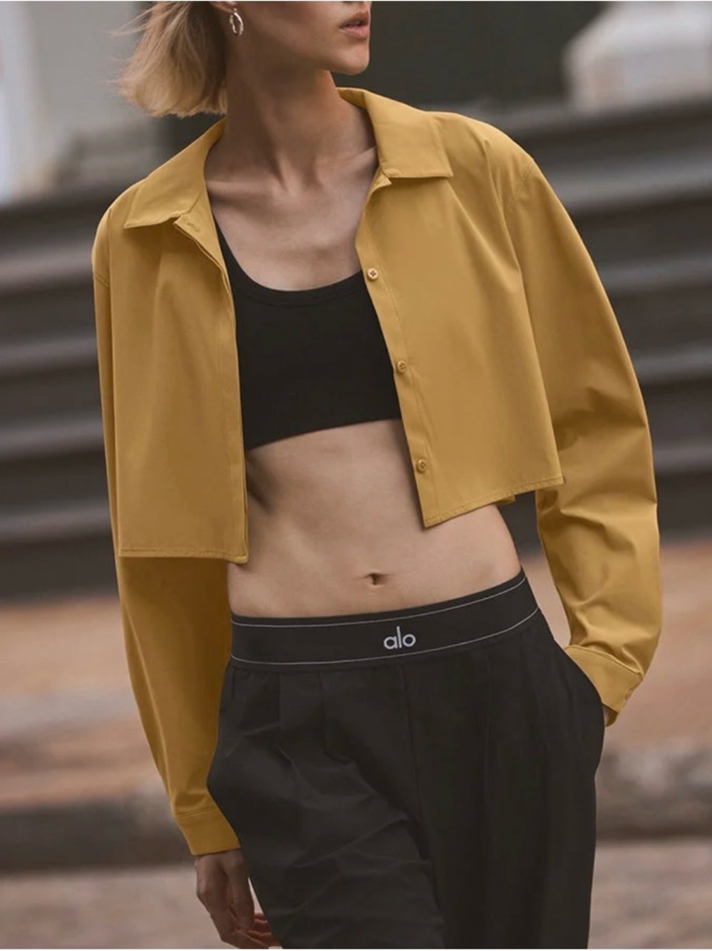 ALO Yoga Take Me Out Cropped Button-Up Jacket Gold Mustard Size M Oversized